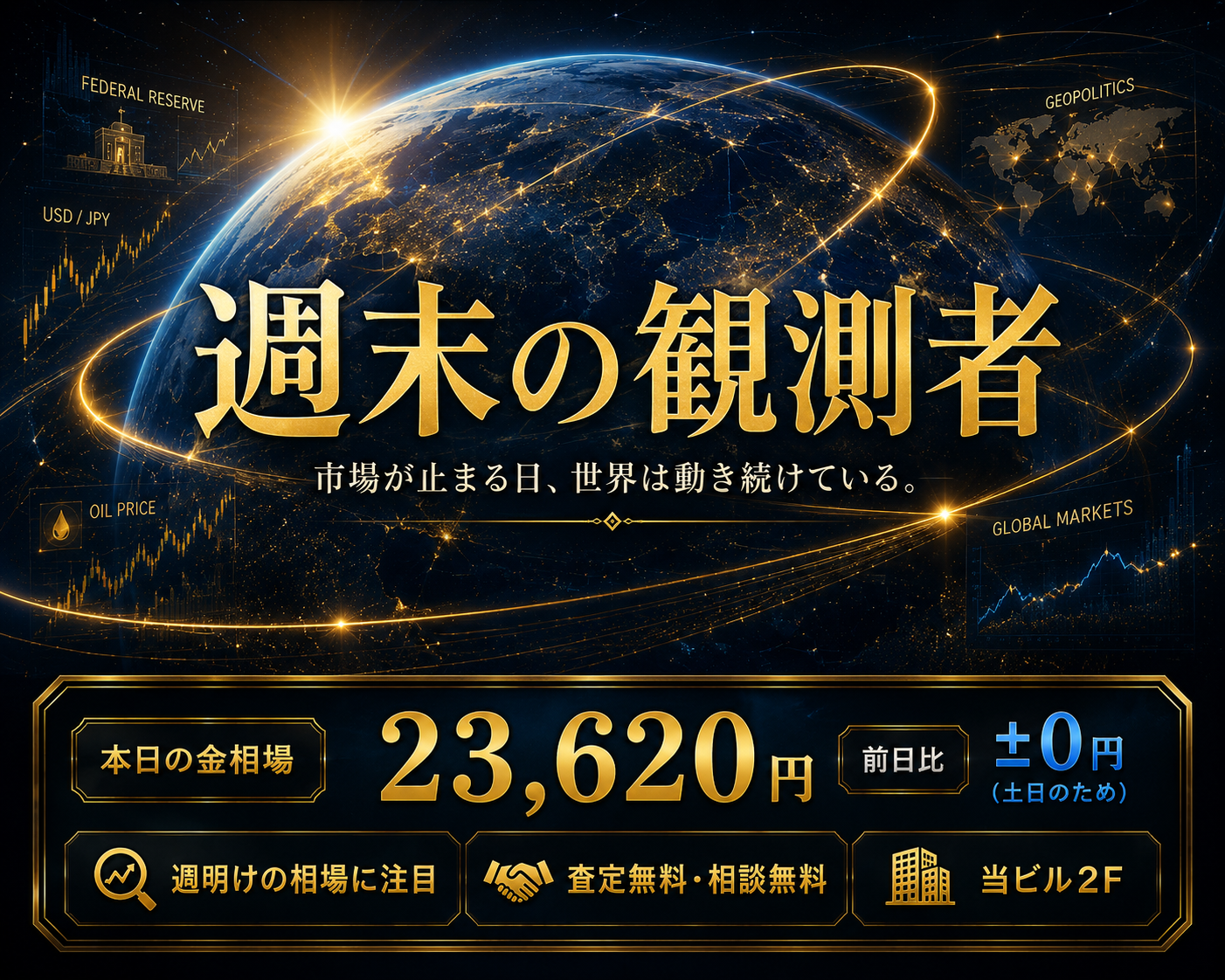 金相場23,620円で週末は横ばい。来週の相場を左右する注目ニュースとは？