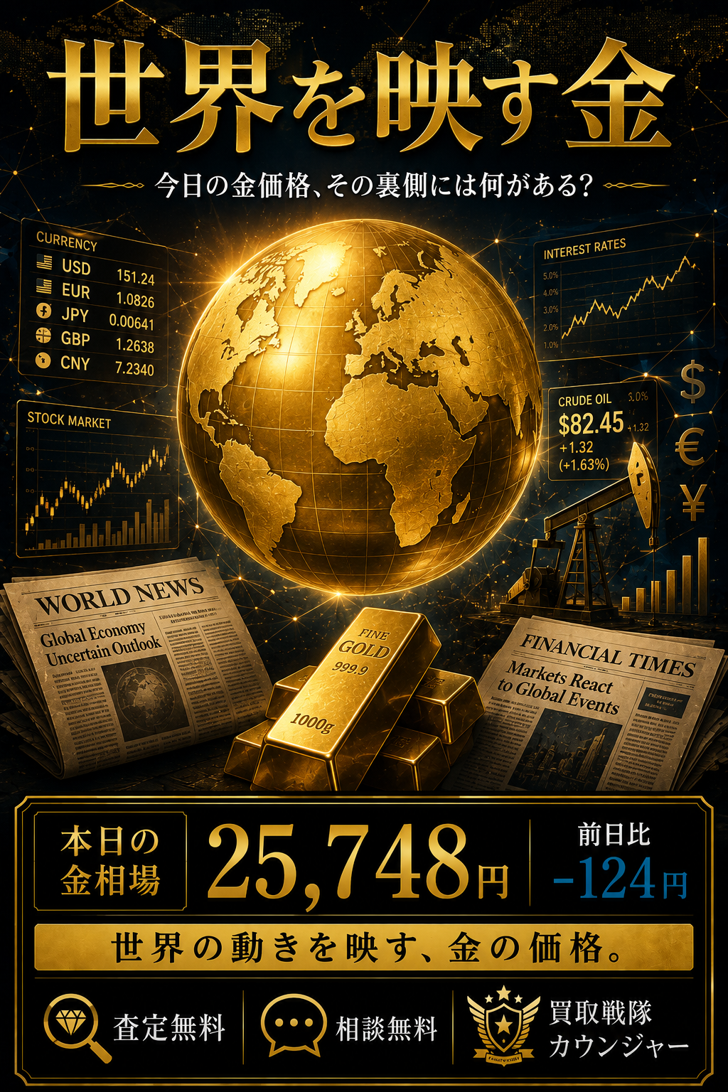 金相場25,748円、前日比-124円。金の値段が教えてくれる「世界の空気」とは？