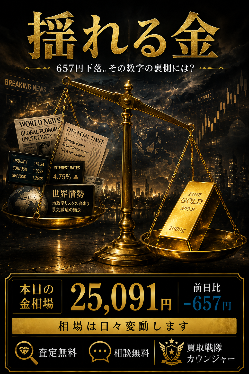 金相場25,091円、前日比-657円。大きく動いた日にこそ「数字の見方」を考えてみよう